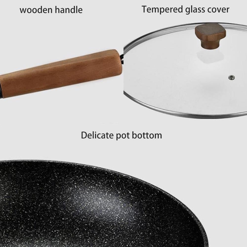 Woks und Pfannen zum Braten, antihaftbeschichteter Wok und Pfanne mit Deckel, 32 cm (12,6 Zoll) kratzfester Wok aus feinem Eisen, runder chinesischer Wok ohne Chemikalienbeschic,