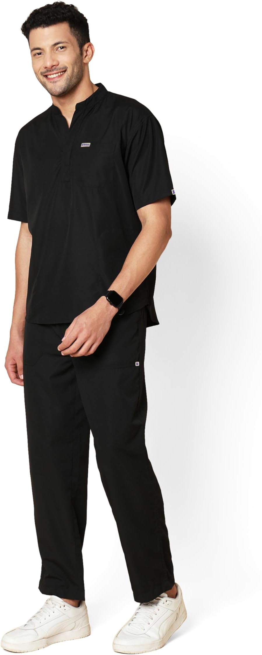 Knya Classic Men's 5-Pocket Mandarin Collar Scrub Suit| Regular fit | Short Sleeves | For Doctors | (L, BLACK)