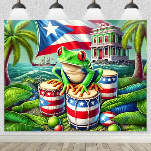 BlissYard Puerto Rico Backdrop Coqui Frog Flag and Drums 8x6ft