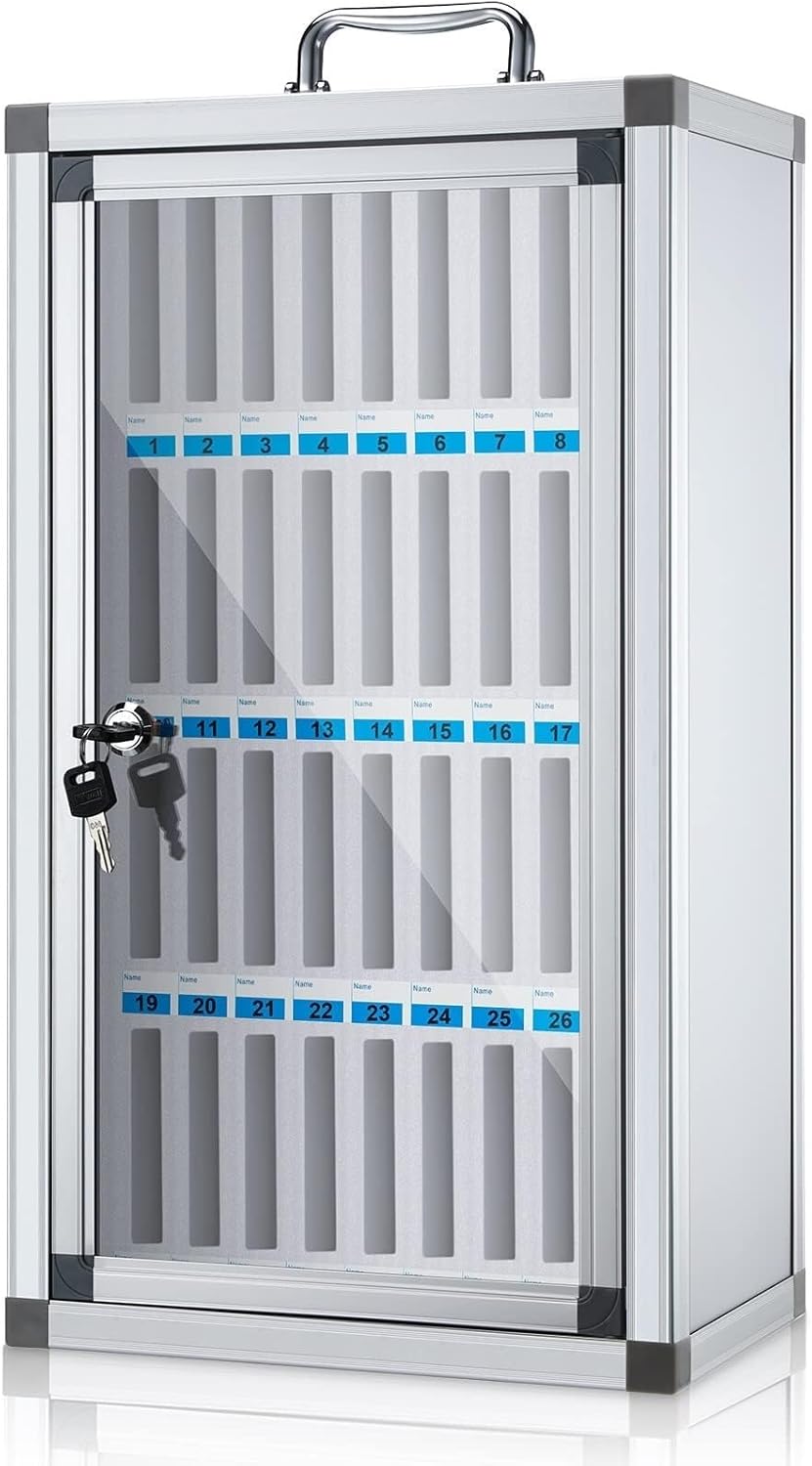 Mobile Phone Storage Box Transparent Acrylic Mobile Phone Security Locker with Key,Aluminum Alloy Wall-Mounted Cell Phone Locker Cabinet - 12/24/36/48 Slot Storage with Handles for Office/Cl