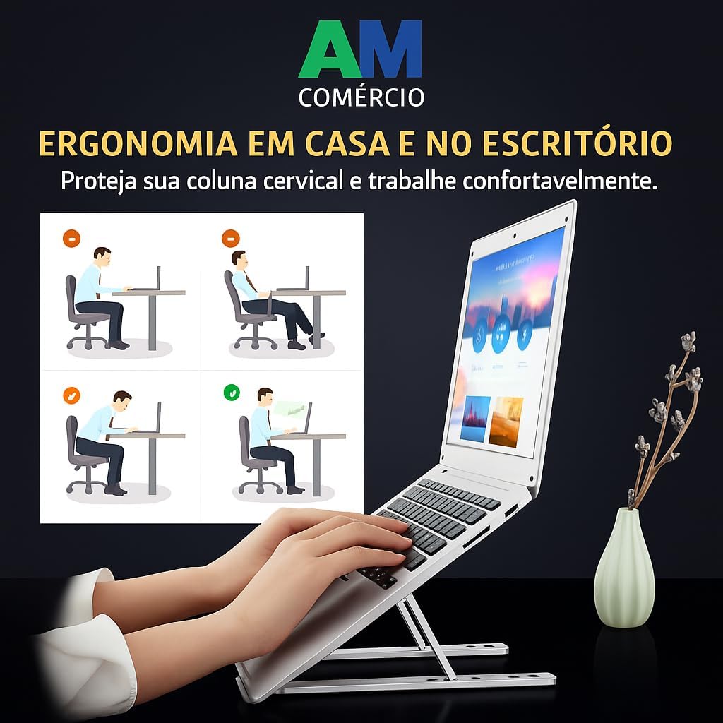 Suporte de Notebook em Alumínio Ajustável e Dobrável — Ergonômico com 6 Ângulos, Compatível com MacBook, HP, Dell, Lenovo e iPad de 10” a 17”