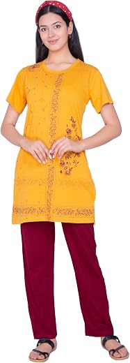 AWIBE Women’s Cotton Long Top Night Suit Set | Printed Sleepwear Set with Pyjama &amp; Pockets | Stylish &amp; Comfortable Loungew...