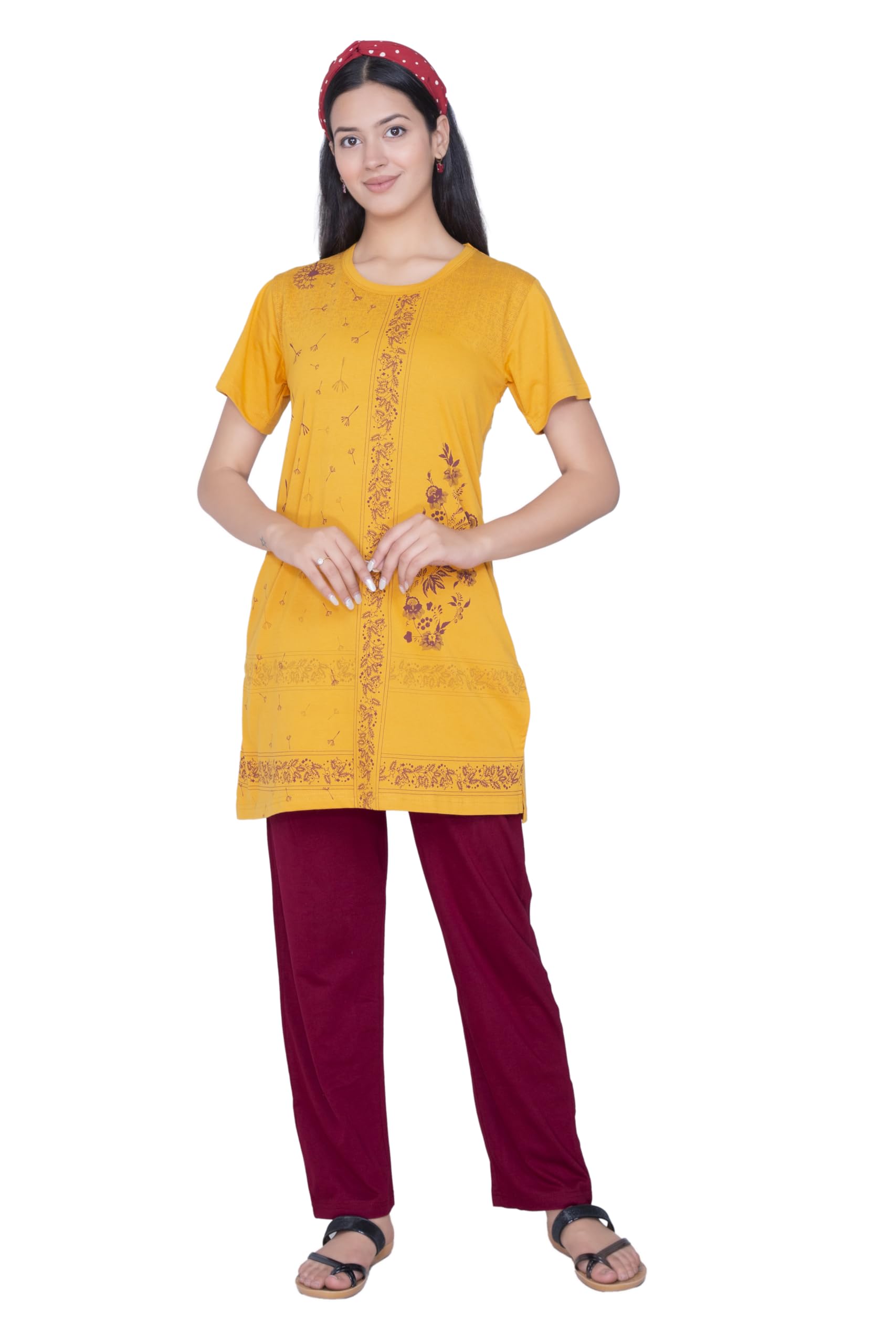 awibe Women’s Cotton Long Top Night Suit Set | Printed Sleepwear Set with Pyjama & Pockets | Stylish & Comfortable Loungewear for Women-picture-7