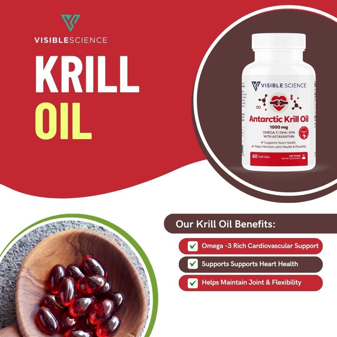 Antarctic Krill Oil 1000mg – Omega-3 EPA & DHA with Astaxanthin – Heart, Joint & Brain Health Support – Helps Maintain Flexibility – Sustainably Sourced, 60 Softgels