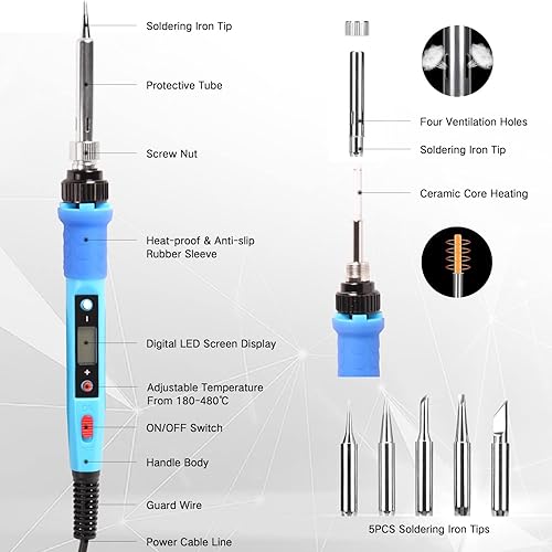 Vista 40 de LDK Kit de soldador electrónico, [actualizado] Juego completo de 60 W 110 V herramienta de soldadura de temperatura ajustable con 5 puntas 12 en 1