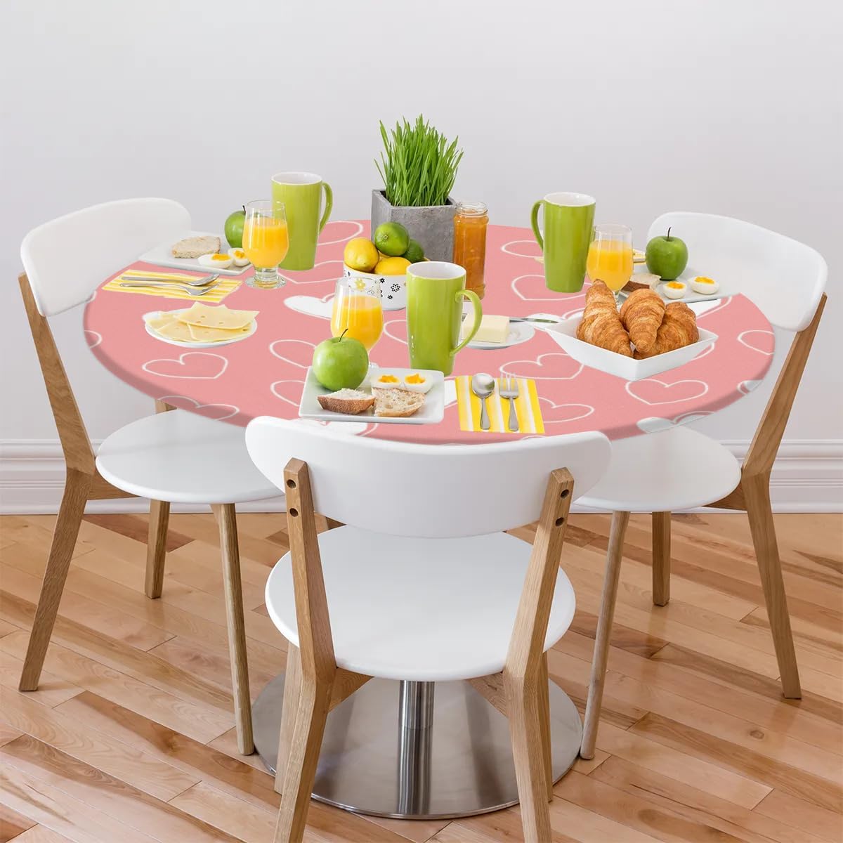 Round Tablecloth Valentine's Day Cute Heart Love 45"-50" Fitted Elastic Table Cloth for Round Tables Waterproof Wipeable Table Covers Protector for Kitchen Dining Party,JR12-03
