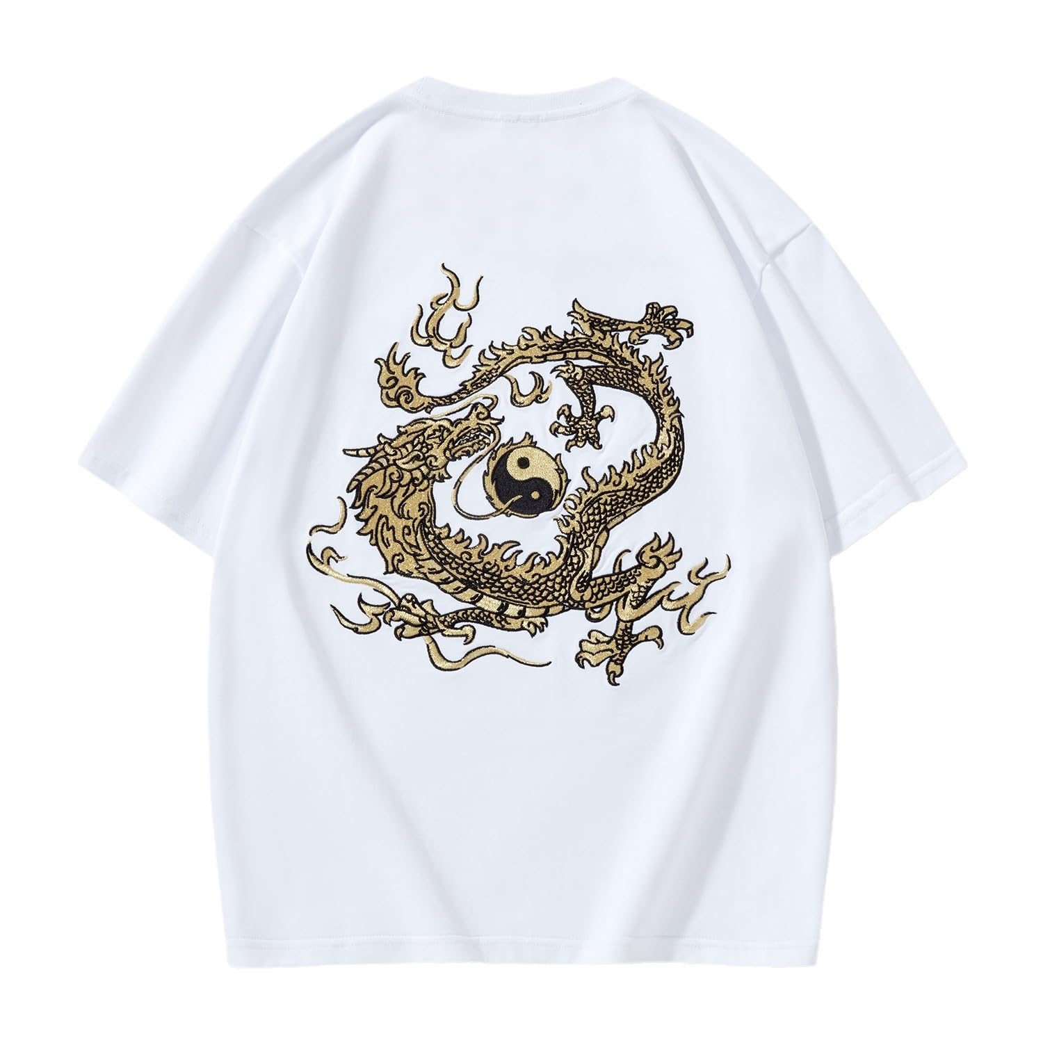 Męski bawełniany t-shirt z okrągłym dekoltem, haft smoka, luźny krój, chiński styl, top rekreacyjny