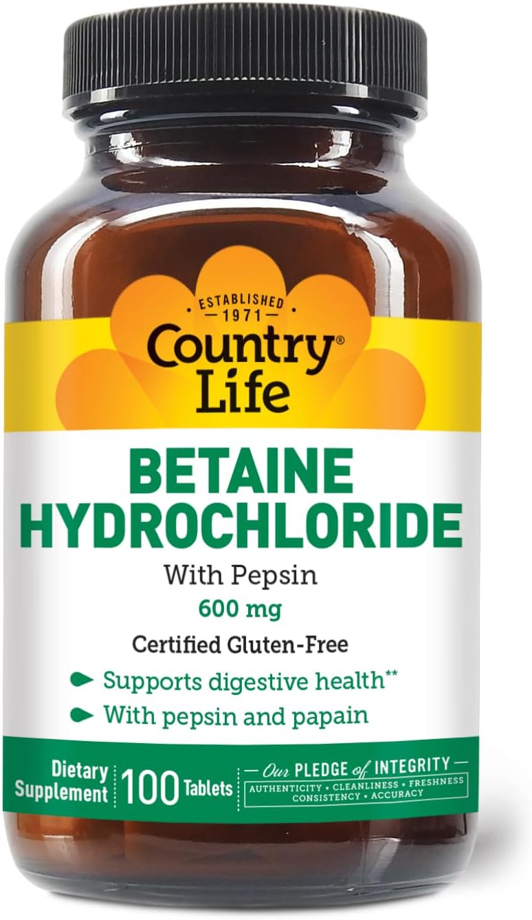 Country Life Betaine Hydrochloride with Pepsin, 600mg, 100 Tablets, Certified Gluten Free