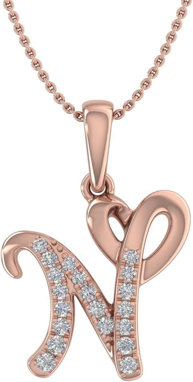 FINEROCK Diamond Initial Letter Pendant Necklace in 10K Rose Gold (with Silver Chain) - IGI Certified