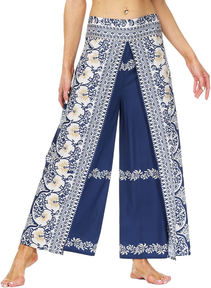Ainuno Boho Pants Wide Leg Palazzo Pants with Slits for Women Flowy Hippie Pant Thin