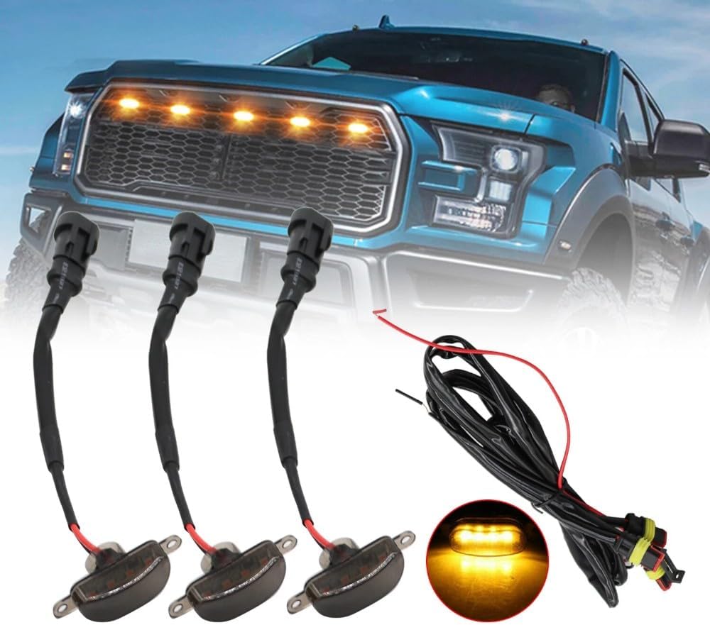 Genuine 3X for Ford F150 Raptor Style Amber Smoked LED Front Grille Grill Running Lights Genuine OEM Replacement