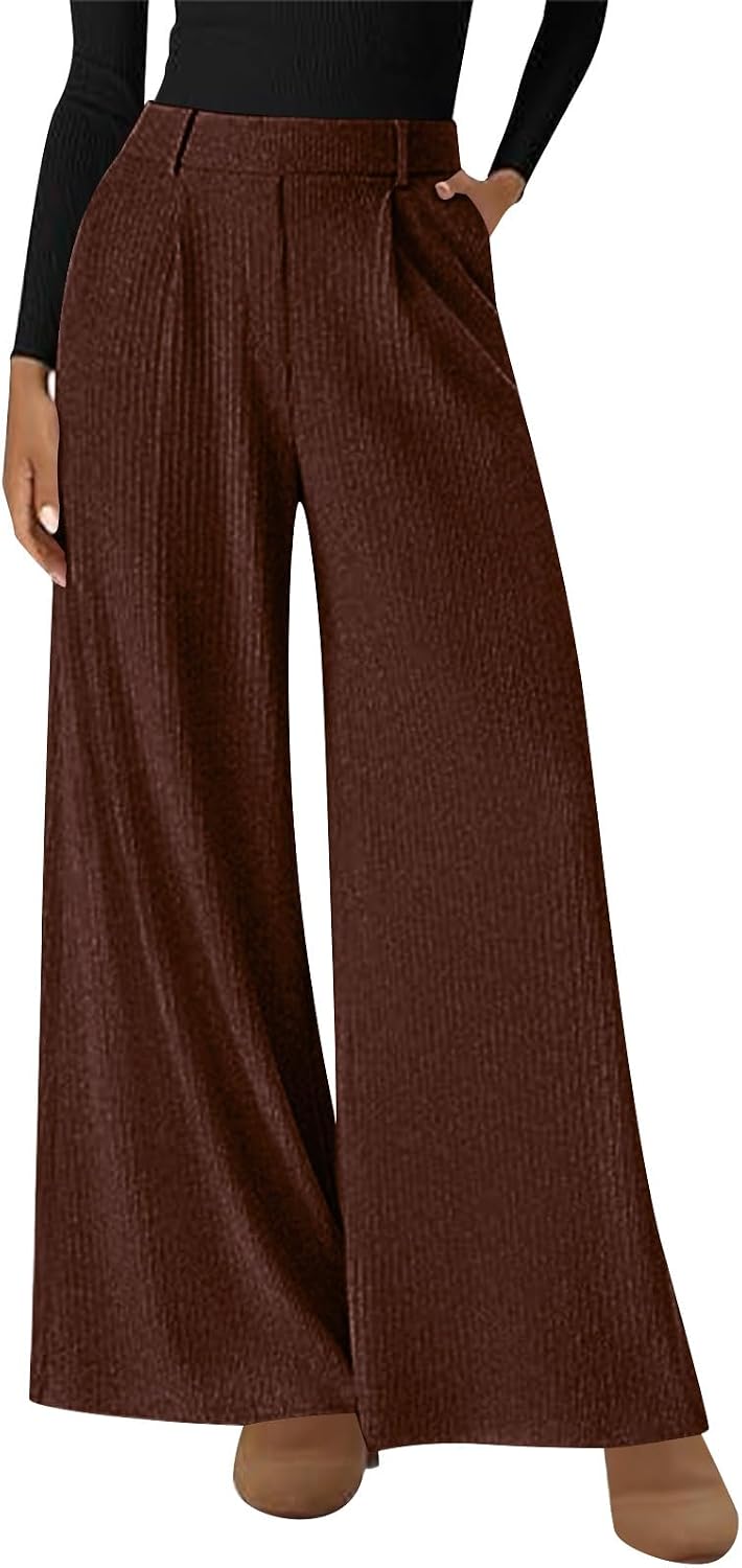 Women's Corduroy Pants High Waisted Baggy Wide Leg Solid Color Trousers with Pockets Business Casual Trendy Outfits