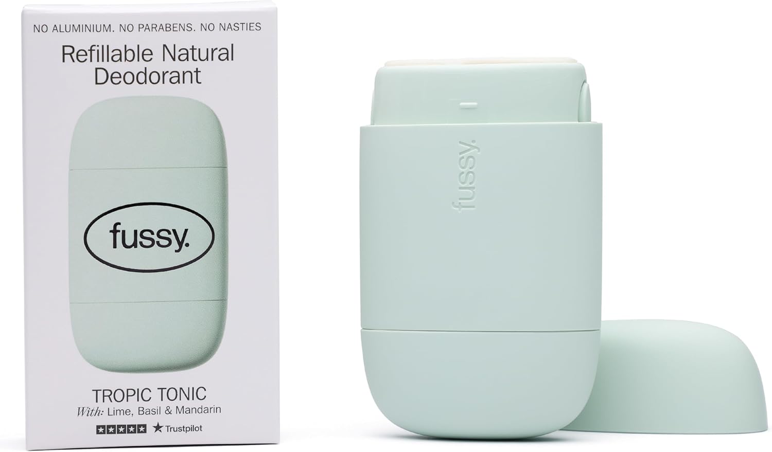 Fussy – Natural Refillable Deodorant – Aluminium Free – 24 Hour Protection – Lime Scent and Mint Green Case – Lime, Basil & Mandarin – Vegan & Cruelty Free – 100% Natural & Effective