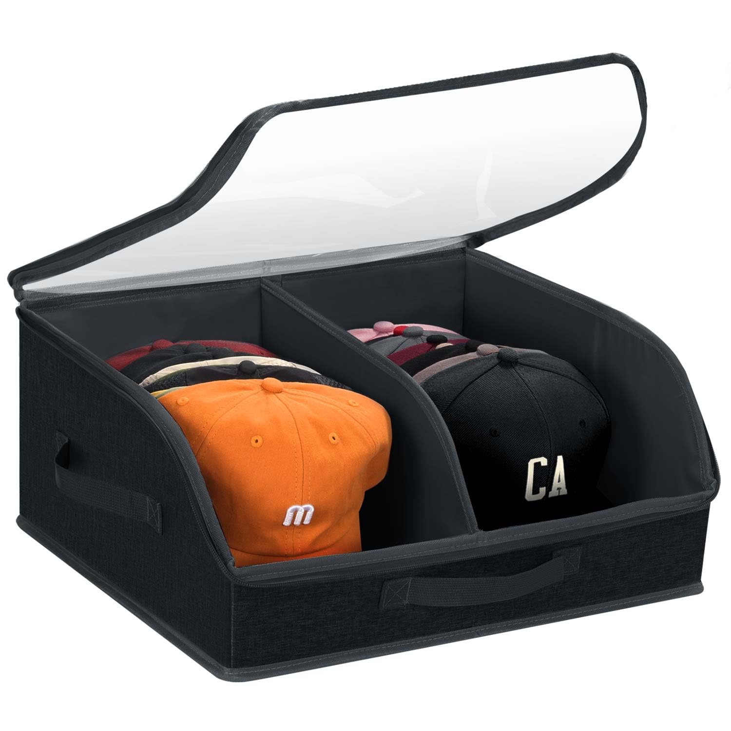 PANGTON Hat Organizer for Baseball Caps, 2 Compartments Clear Window Hat Box for Closet Hold Up to 24 Caps, Hat Storage Holder Container with Sturdy Cardboard for Home Storage | Black