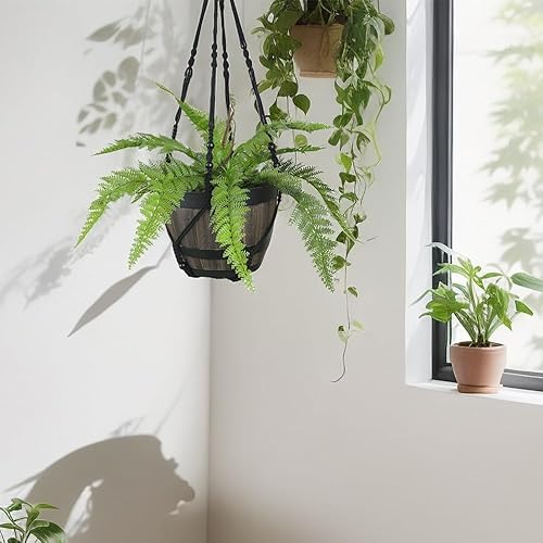 Miniatura 3 de Colgador grande de macramé para plantas, color negro, 43 pulgadas de largo, para macetas de hasta 12 pulgadas, sin borlas, cuerda de algodón,