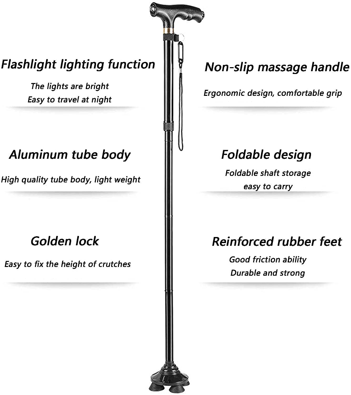 Kule łokciowe dla dorosłych, składane kije trekkingowe Ulepszone kule wielofunkcyjne, kule aluminiowe ze światłem LED i matą, składany uchwyt typu T dla starszego mężczyzny, piesze wycieczki z wysuwan