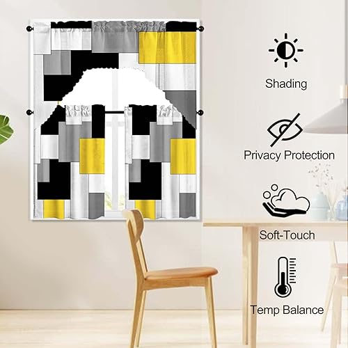 Miniatura 2 de Juego de cortinas amarillas para ventana, 3 piezas, cortinas de cocina geométricas, juego de cenefas de arte geométrico, cortina gris con bolsillo