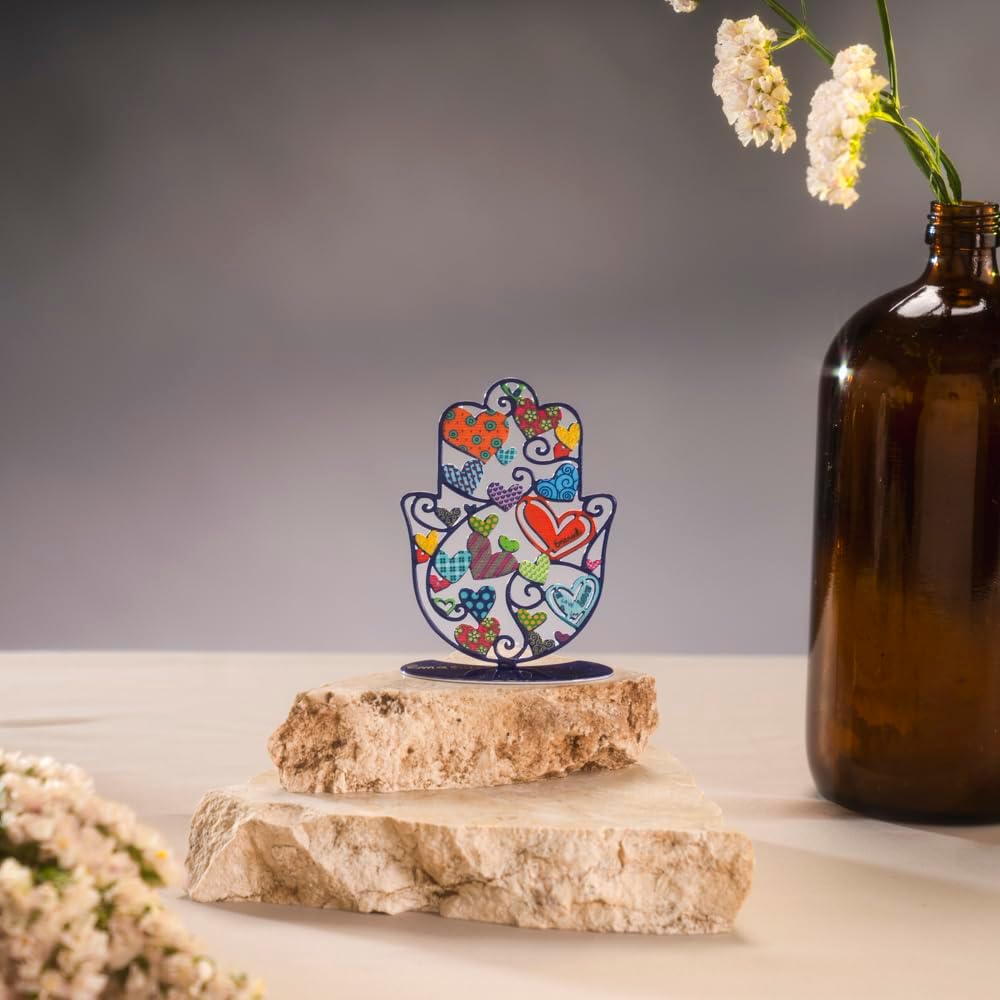 EMANUEL Yair Small Standing Hamsa Hand Amulet 4 inch | Colorful Good Luck Charm | Hamsah Stand Home Blessing | Judaica Art Gift (Hearts SHG-13)