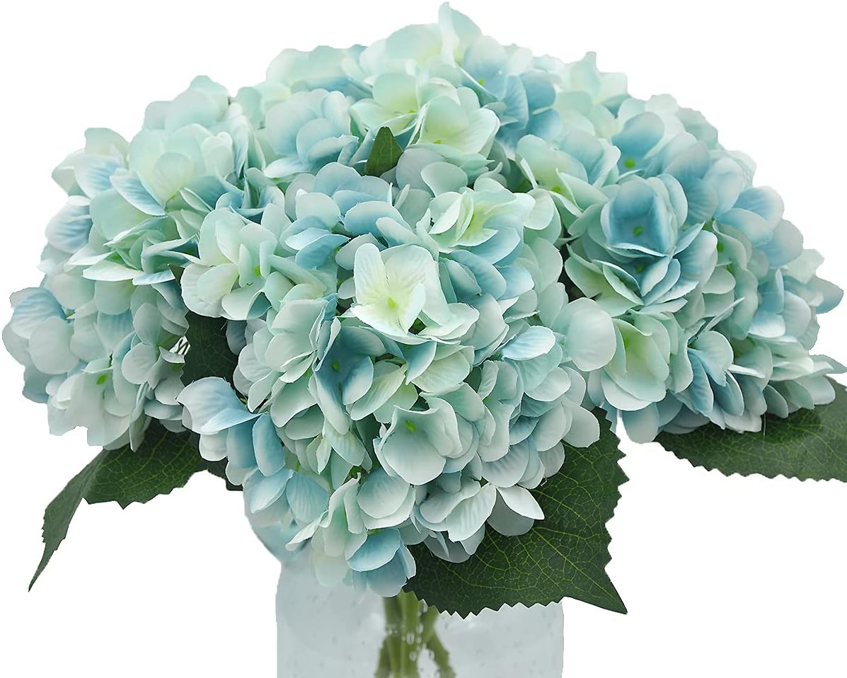 Pack of 5 Artificial Fake Flowers Plants Silk Hydrangea Arrangements Wedding Bouquets Decorations Plastic Floral Table Centerpieces Home Kitchen Garden Party Festival Bar(Blue)