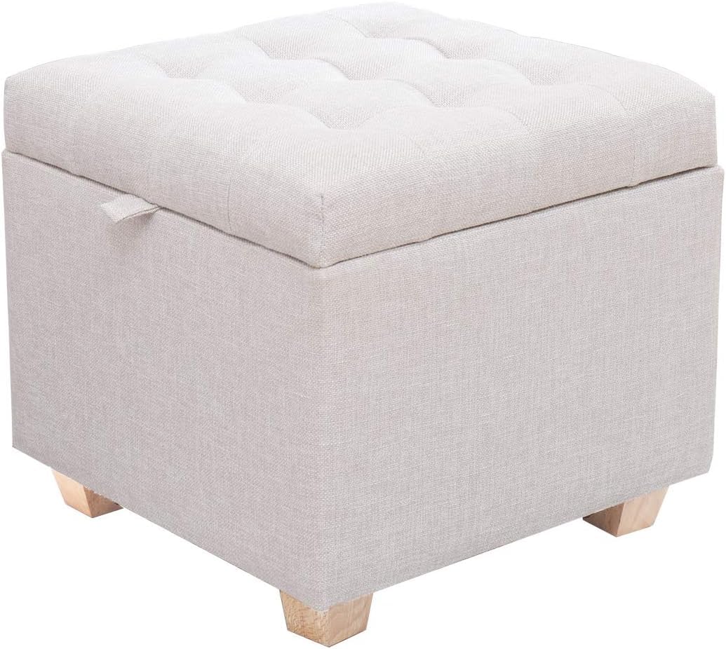 Pouf carré avec coffre de rangement en tissu et pieds en bois pour salon