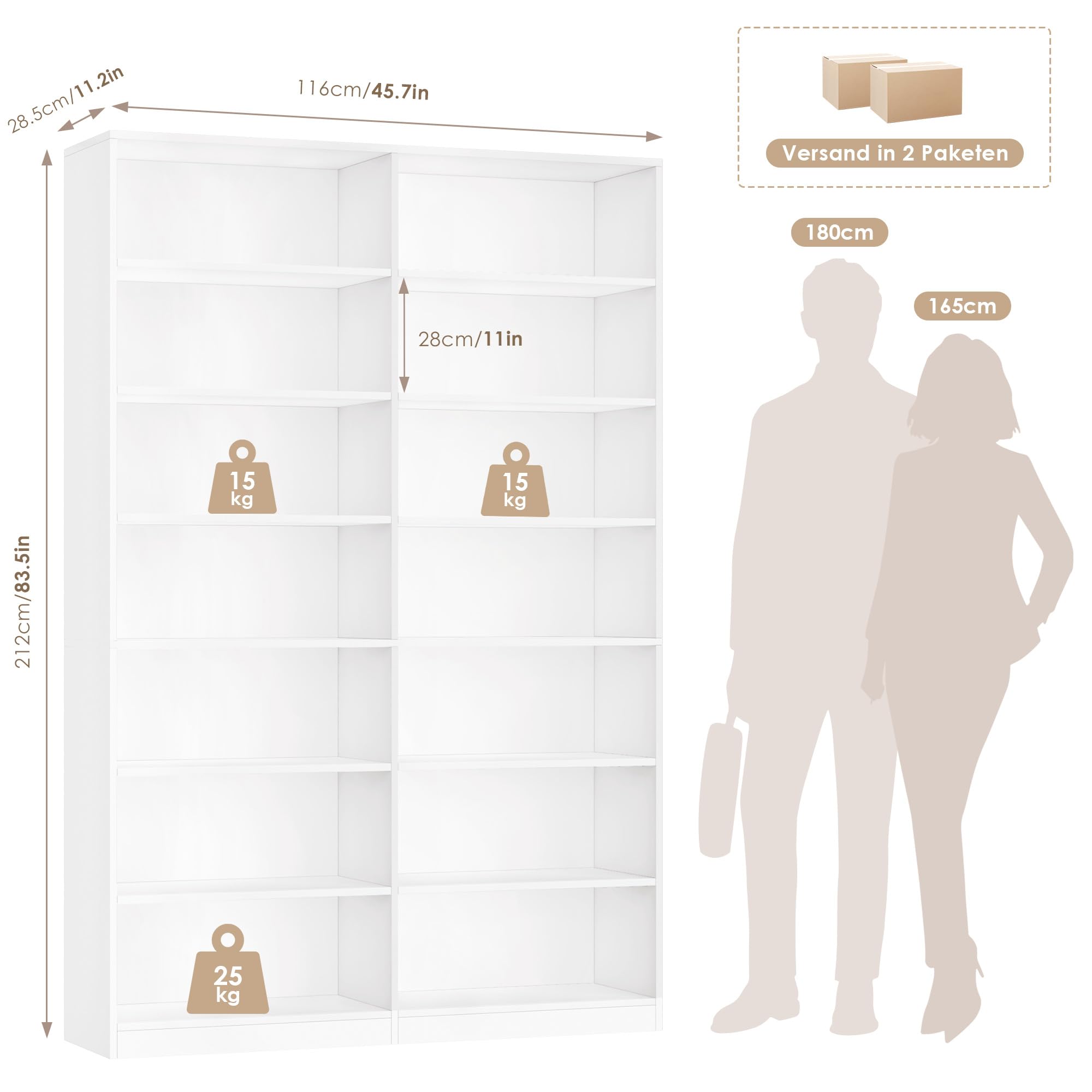 FirFurd Bücherregal 212 cm hoch Bücherschrank mit 14 Fächern weiß
