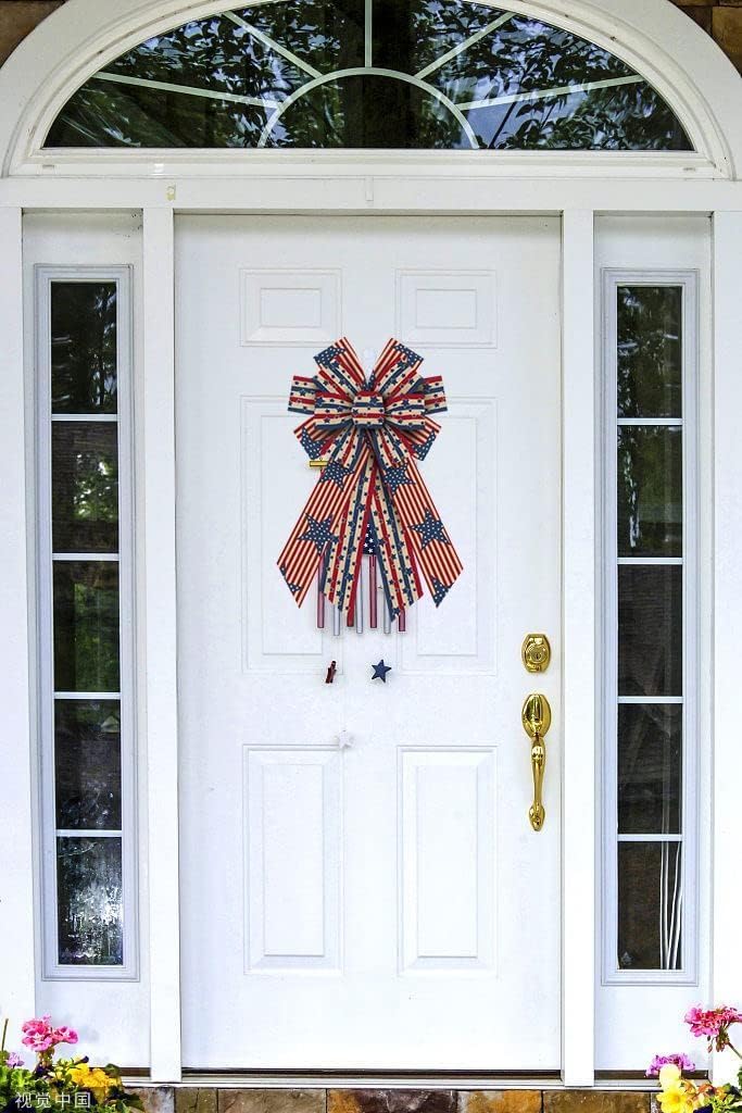 Large 4th of July Patriotic Bows for Wreath, Memorial Day Wreath Bow American Stars Stripes Tree Topper Bows for Front Door Patriotic Decorations Supplies
