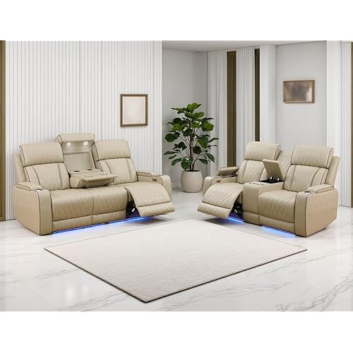 Leather Power Recliner Sofa Set, Living Room Furniture Sets, 2 Piece Reclining Sofa Set with Cup Holders, Modern Recliner Couches with Arm Storage/Coffee Table/Charging for Home/Office, Khaki