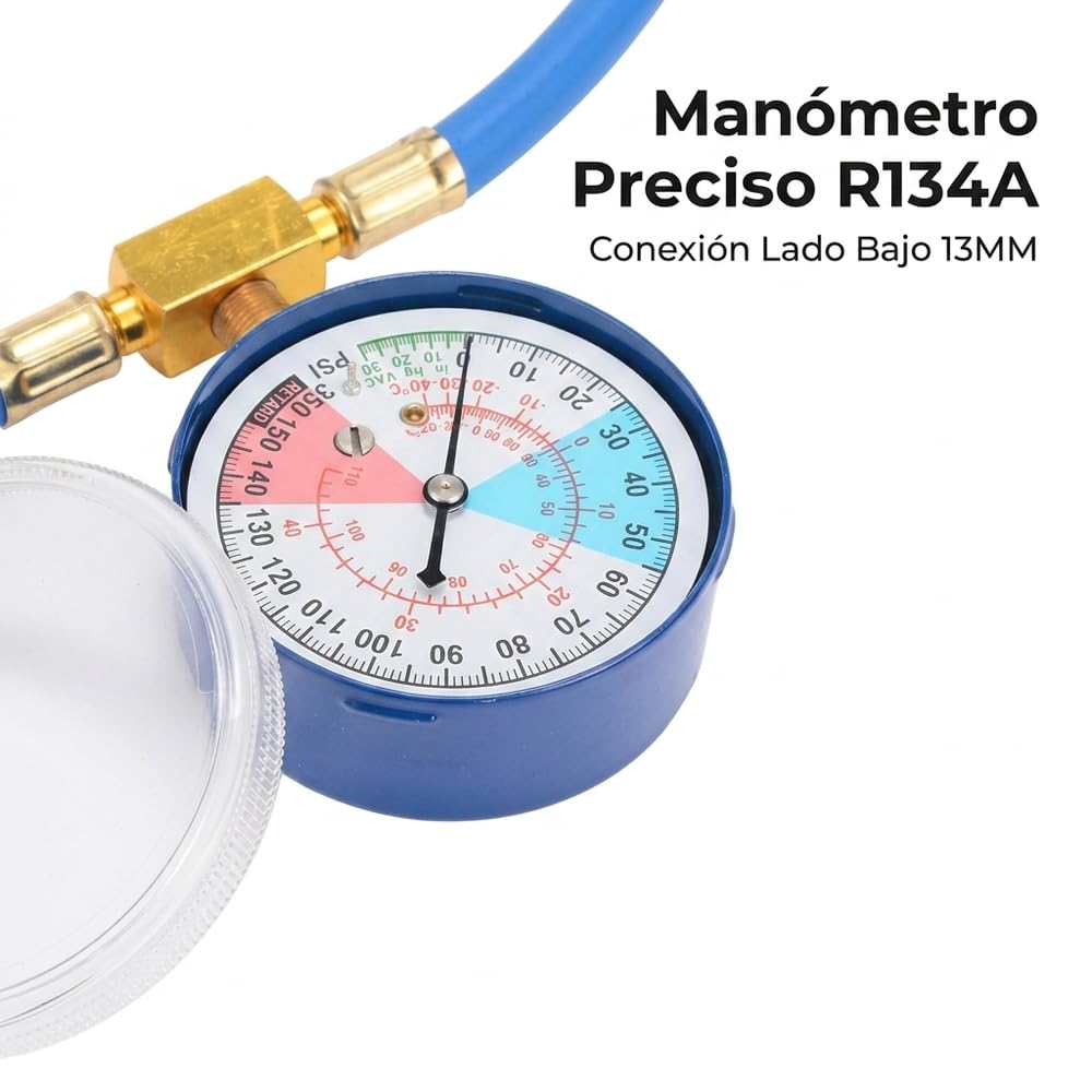 Kit de Manguera para Carga y Recarga de Gas Aire Acondicionado Coche, para Gas Refrigerante R134a, con Manómetros de Aire Acondicionado y Abrelatas