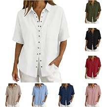 Button Down Shirts for Women Cotton Linen Collared Shirt Loose Short Sleeve Blouse Summer Casual Shirts with Pocket