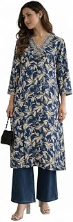 Charvis Choice Women's Blue Floral Print V-Neck Tunic with Embroidered Detail, 3/4 Sleeve Ethnic Kurta Price In India
