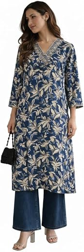 Charvis Choice Women's Blue Floral Print V-Neck Tunic with Embroidered Detail, 3/4 Sleeve Ethnic Kurta