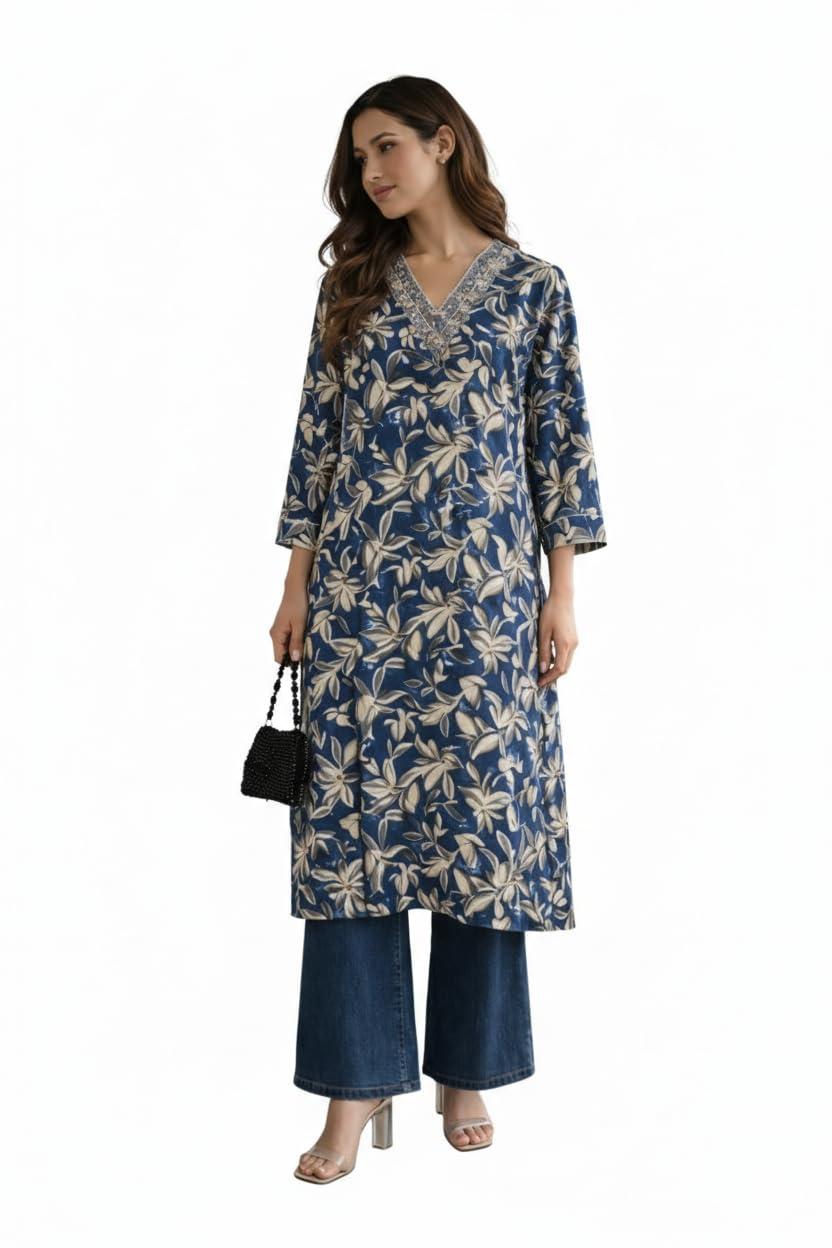 Charvis Choice Women's Blue Floral Print V-Neck Tunic with Embroidered Detail, 3/4 Sleeve Ethnic Kurta