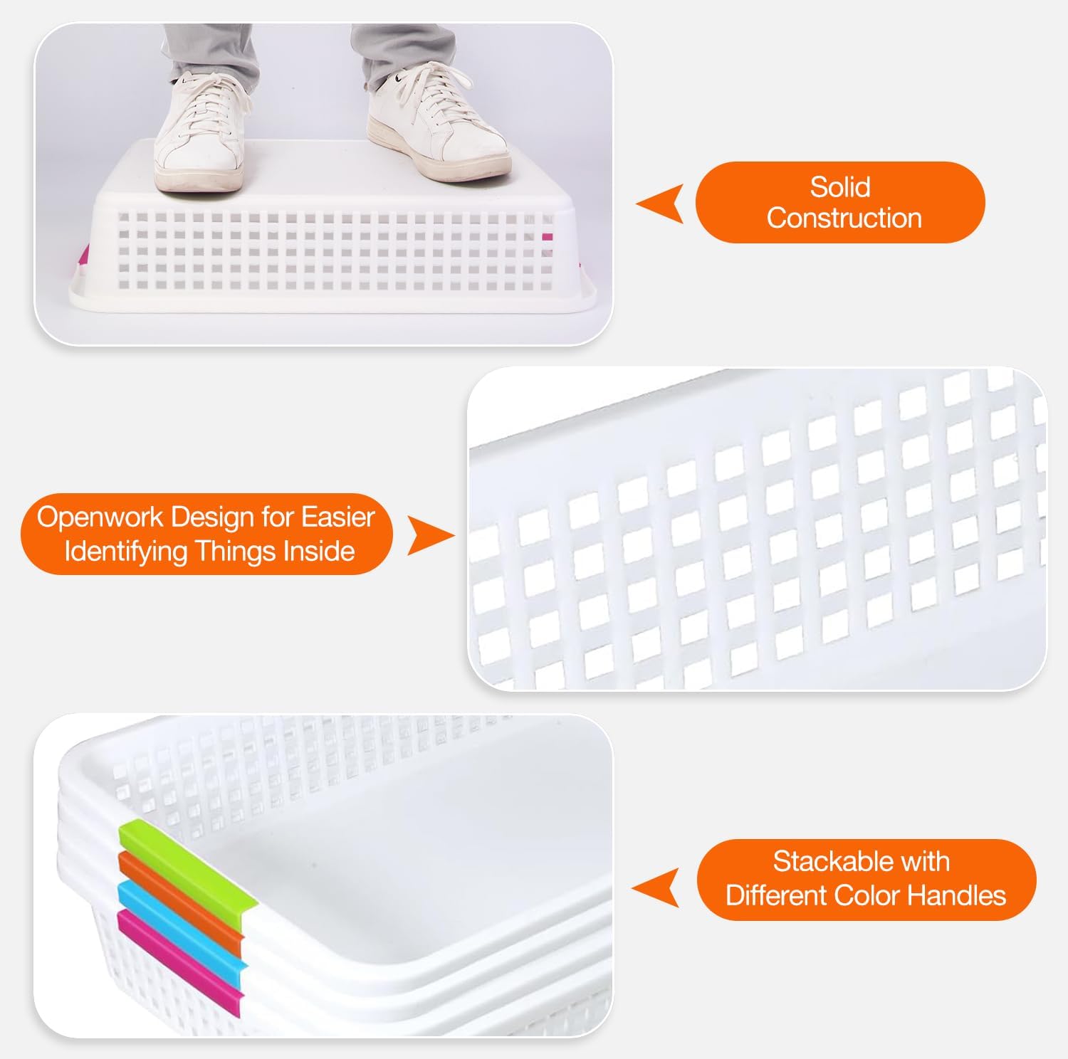 ShineMe 4 Pack Plastic Baskets for Classroom Organizing, Paper Trays for Desktop, Sturdy and Stackable Turn in Bins with Colorful Handle for Teachers and Students, Desk Drawer Organizers - Image 3