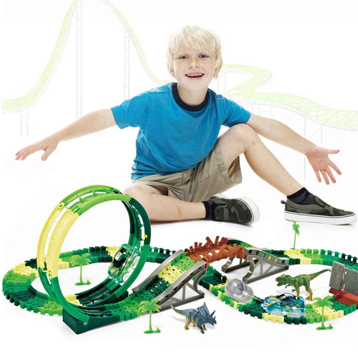 Caffney 158Pcs Dinosaur Toys Track for Kids Dinosaur Race Car Track Toys with Flexible Track 2 Dinosaurs 1 Car Create a Dinosaur World Road Race Car Track Playset Dinosaur Track Toys for Kids Over 3 Y