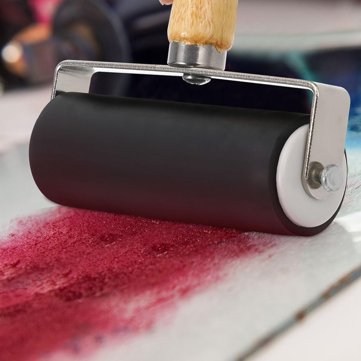 SHERCHPRY 4 Stück Kunststoff Druckwalze mit Holzgriff Leichte Farbwalzen für Gleichmäßigen Farbauftrag bei Kunstdruck und Bastelarbeiten