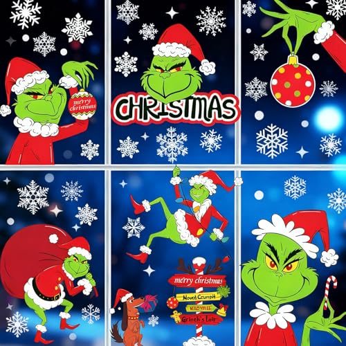 Axingqiwu 9 Blatt Grinch Weihnachtsdeko Fenster, Grinch Deko...