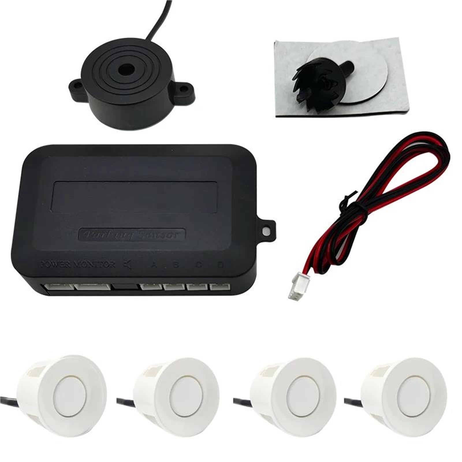 Sensor Estacionamiento PDC Kit sensores aparcamiento coche sonda indicadora alerta sonido, Radar marcha atrás Universal, 12V, 22mm, 4 zumbadores Radar Marcha Atrás(White sensors)