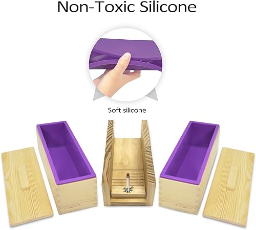 Miniatura 3 de Artcome Kit de moldes de corte para hacer jabón de pan, 2 moldes rectangulares de silicona de 42 onzas, 2 cajas de madera con tapa, herramienta de