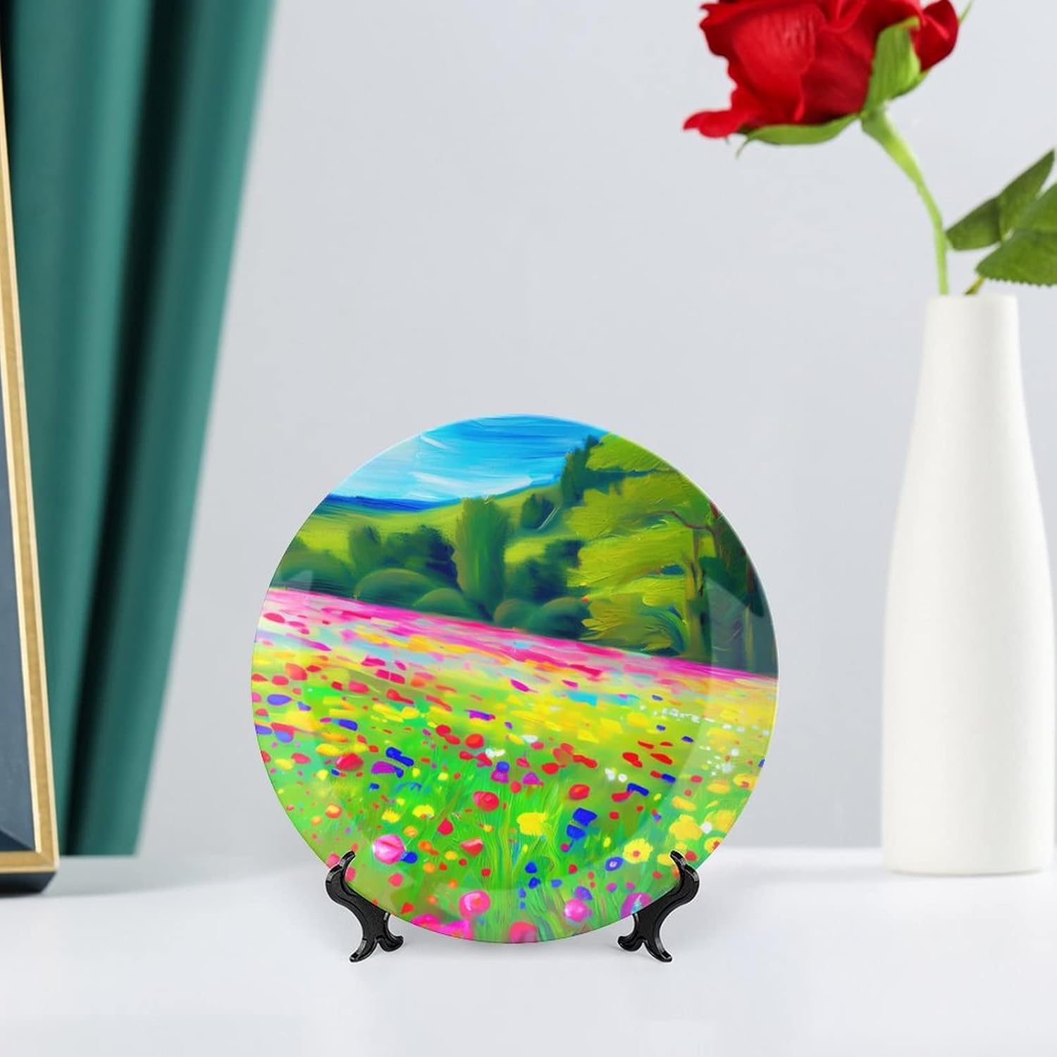 Decorative Plates, A Wildflower Landscape in Bloom Display Plate for Home Office Kitchen Table Decor Porcelain Plates 6 Inch, Birthday Gifts
