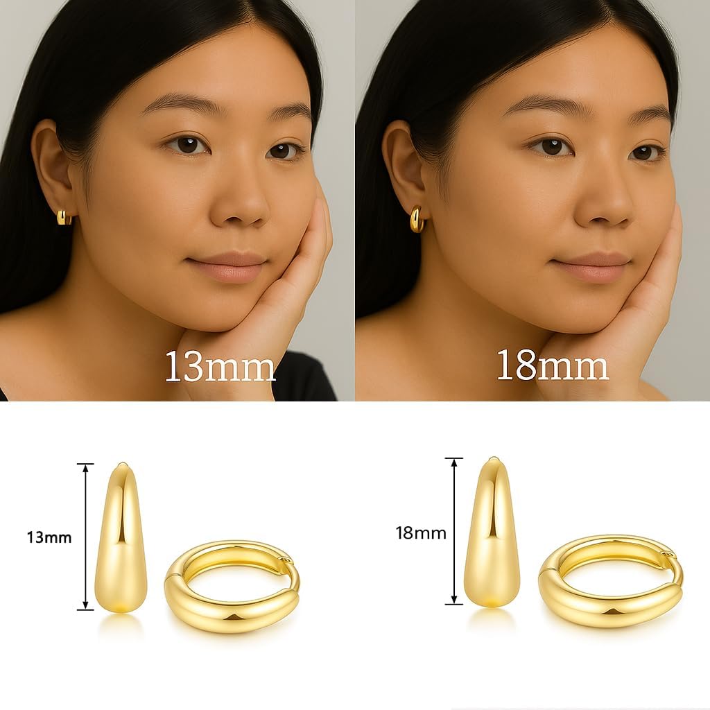14K Gold Hoop Earrings for Women, Hypoallergenic Lightweight Hoops in 13mm 18mm 22mm, Classic Gold Earrings for Everyday Wear