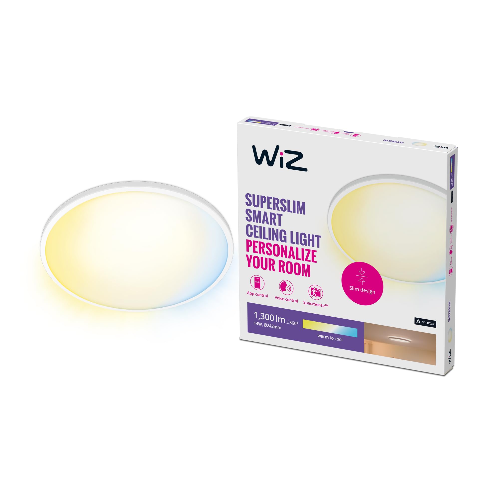 WiZ Tunable White Superslim Deckenleuchte (1.300 lm), Ø242 mm, LED Leuchte mit warm- bis kaltweißem dimmbarem Licht, smarte Lichtsteuerung über WLAN per Stimme/App, weiß