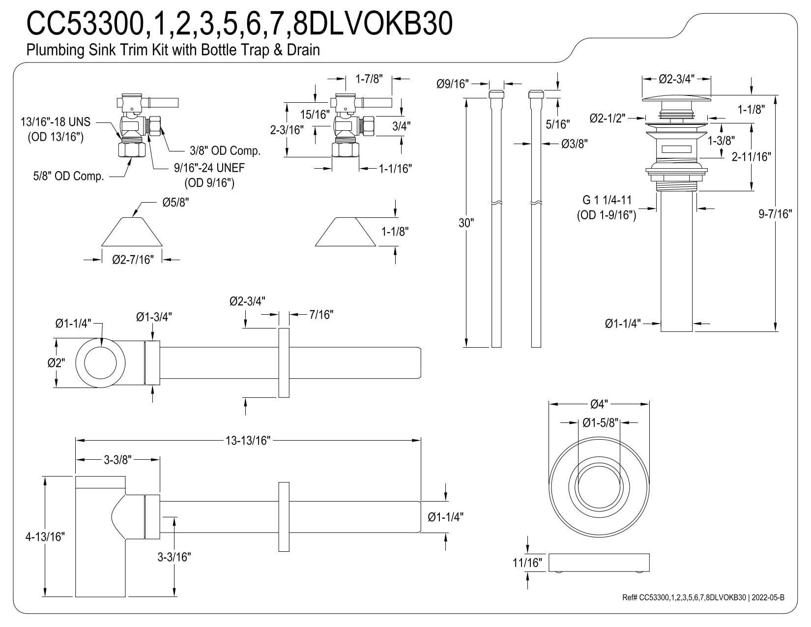 Kingston Brass Trimscape CC53300DLVOKB30 Kit de garniture d'évier de plomberie avec siphon à bouteille et bonde de trop-plein, noir mat