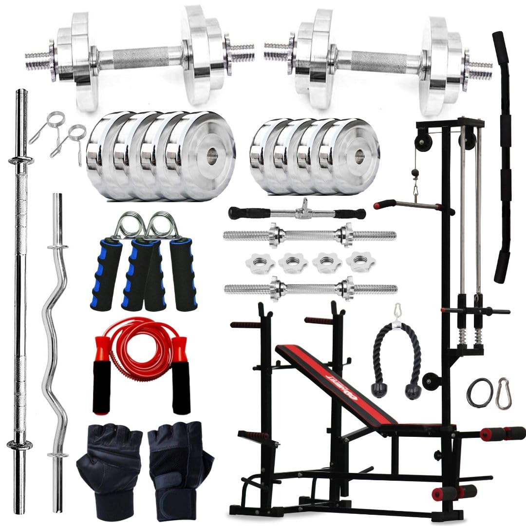KENIT 10KG -100KG Steel Weight Plates Combo with 20 IN 1 Home Gym Bench, 5Ft Plain and 3Ft Curl Barbell Rods (23mm), Pair of Steel Dumbbell Rod & Accessories (10KG)-image-9