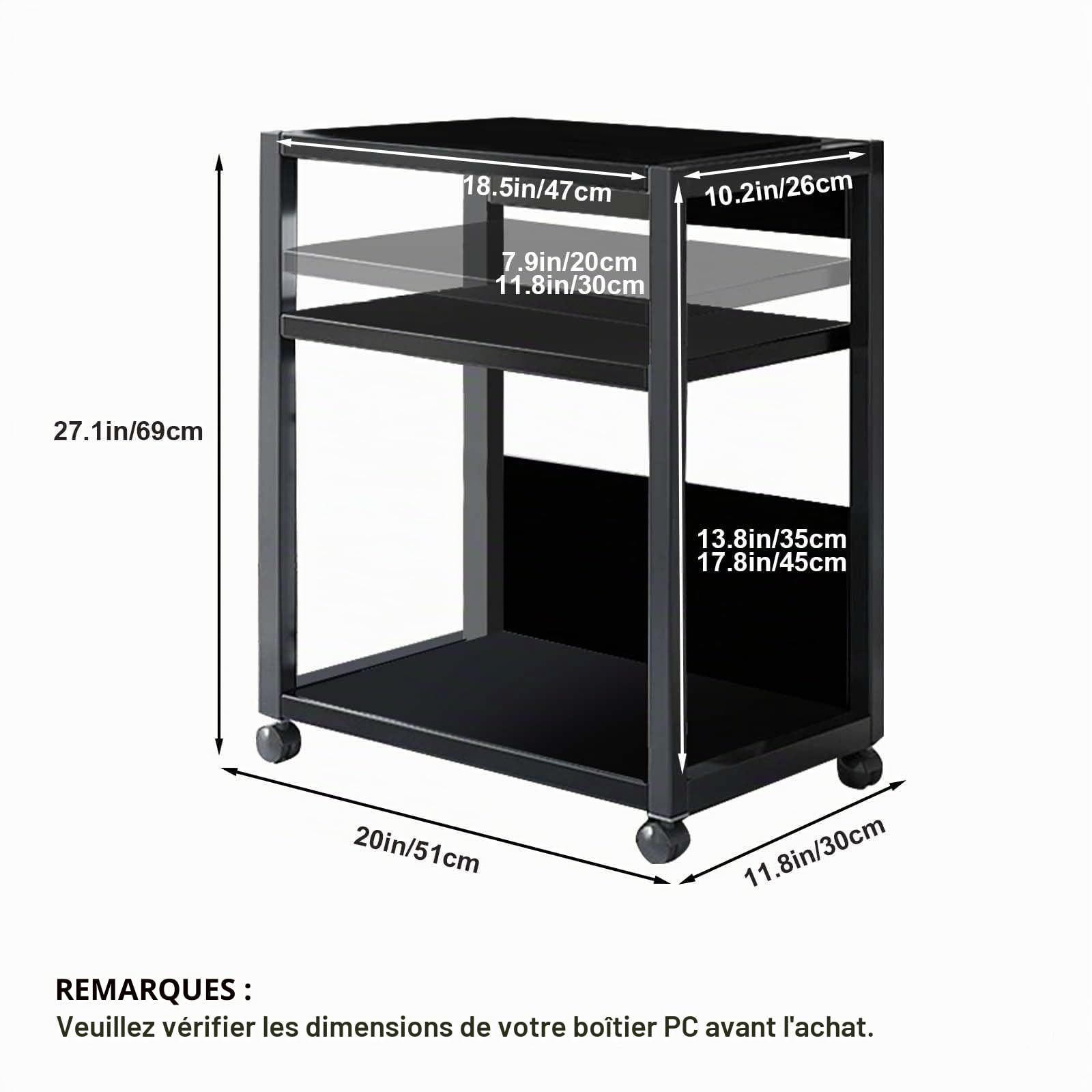 Garvee Support pour Tour PC et Imprimante à 3 Niveaux Hauteur Réglable | Chariot Métallique à Roulettes 360° Freinables, Rangement Sous Bureau Charge 30 kg, 69 x 51 x 30 cm, Noir
