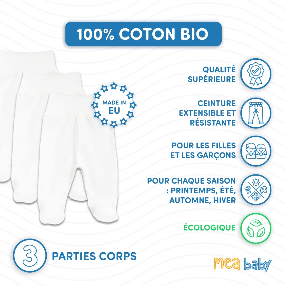 MEA BABY Pantalon bébé Unisexe avec Pieds 100% Coton Bio, Lot de 3, pour Filles et garçons (Parent)