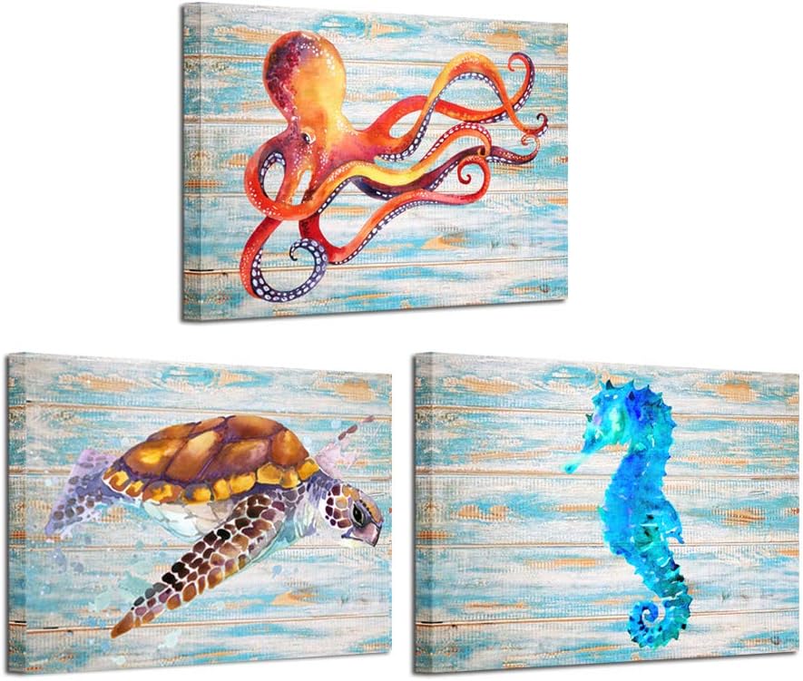 KREATIVE ARTS 3 Pieces Canvas Prints Wall Art Octopus Turtle Blue Hippocampal Pictures on Vintage Wood Style Printed on Canvas Sea Animals Art Work for Walls 12x16inchx3pcs