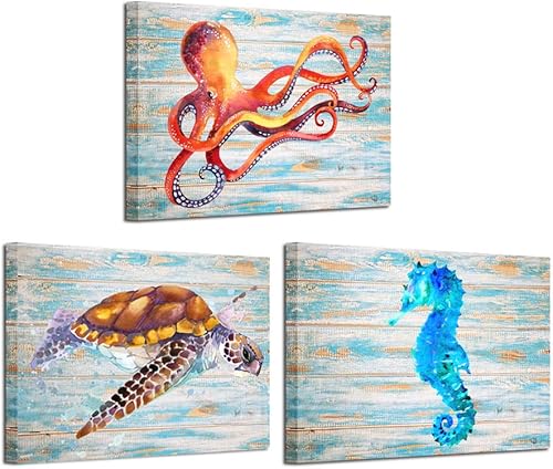 Miniatura 1 de KREATIVE ARTS 3 impresiones en lienzo para pared, diseño de pulpo, tortuga, azul, hipocampo, imágenes sobre estilo vintage de madera impresas en