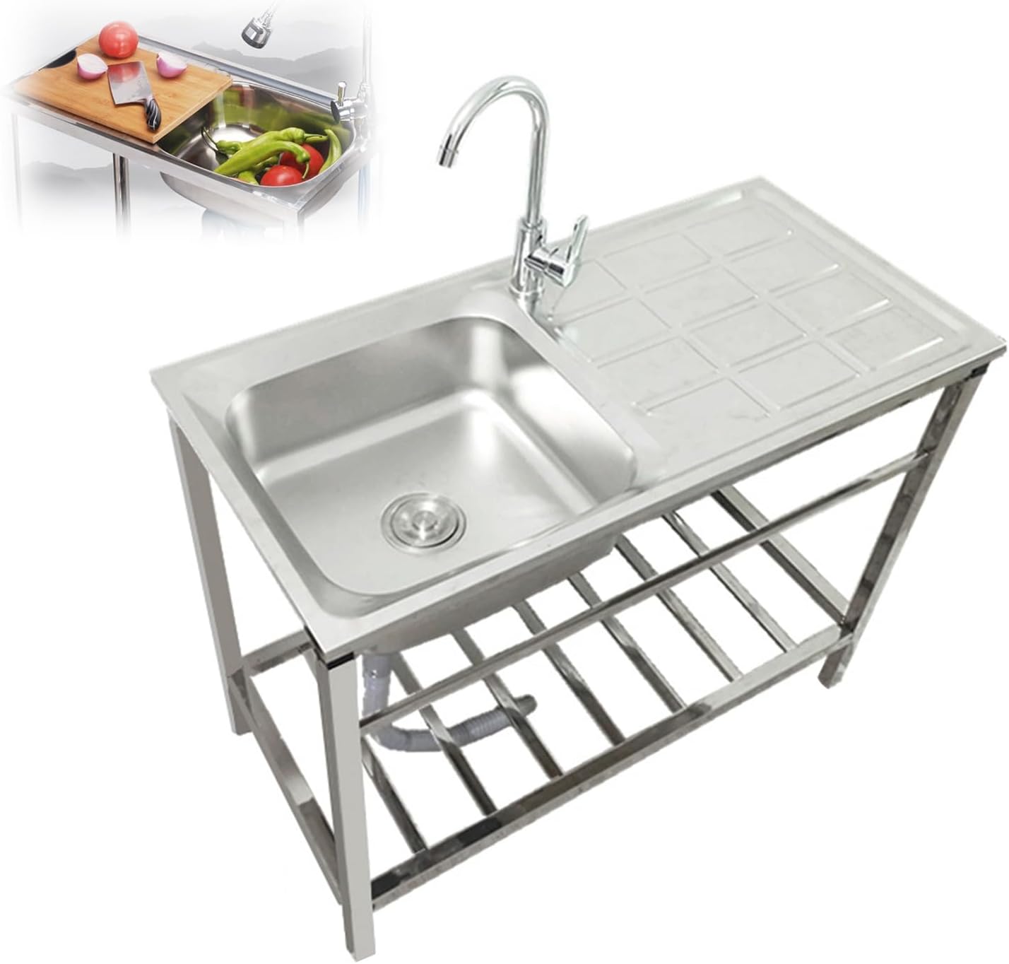 Stainless Steel Kitchen Sink, Freestanding Single Bowl Sink, Sink Workstation w/Faucet, Prep & Utility 30 x16 X 16 in Washing Hand Basin (Silver)