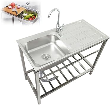 Stainless Steel Kitchen Sink, Freestanding Single Bowl Sink, Sink Workstation w/Faucet, Prep & Utility 30 x16 X 16 in Washing Hand Basin Silver