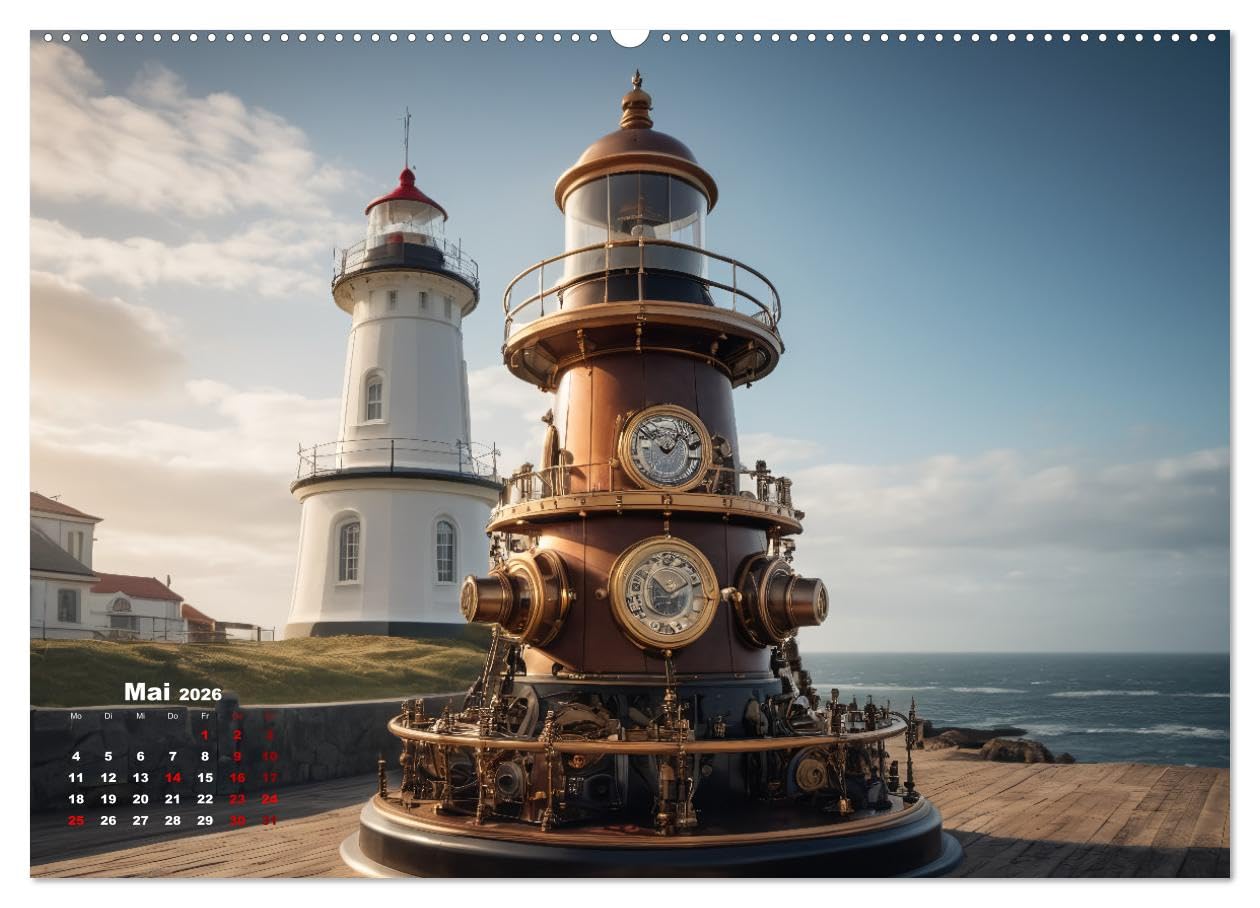 Steampunk - Die Welt der Leuchttürme (hochwertiger Premium Wandkalender 2026 DIN A2 quer), Kunstdruck in Hochglanz: Leuchttürme in einer Steampunk Umgebung (CALVENDO Technologie)